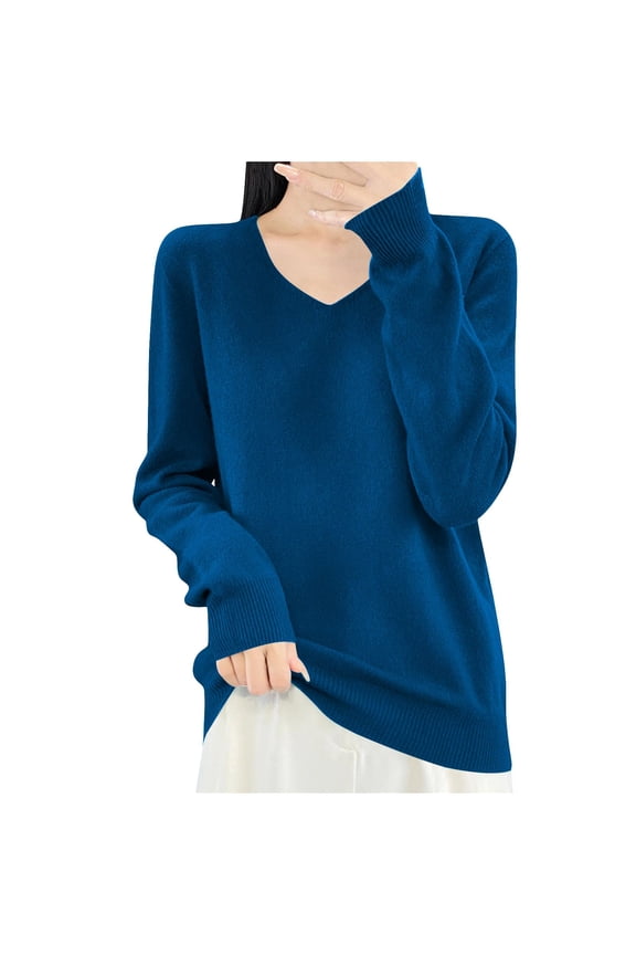 Sweater for Women V Neck Long Sleeve Wool Blend Knit Tops Casual Lightweight Warm Cozy Pullover Sweaters Dark Blue M