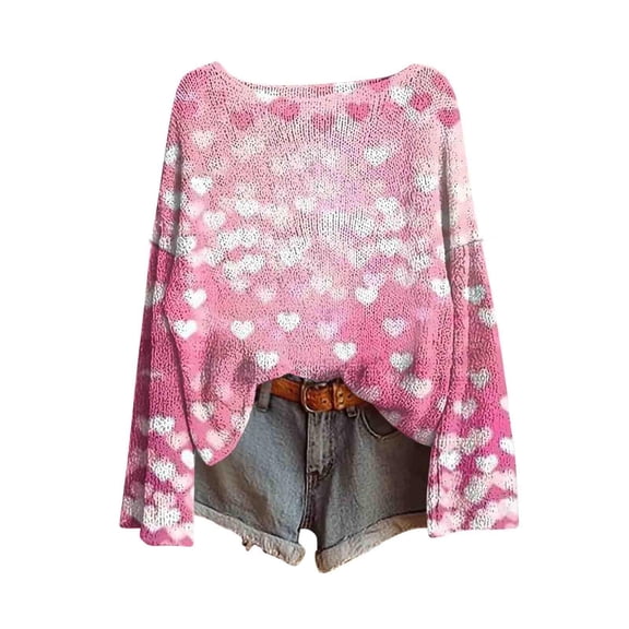 Sweater for Women Valentine's Day Heart Print Knit Sweater Women Crewneck Long Sleeve Soft Warm Ribbed Textured Top Sweater Pink XL