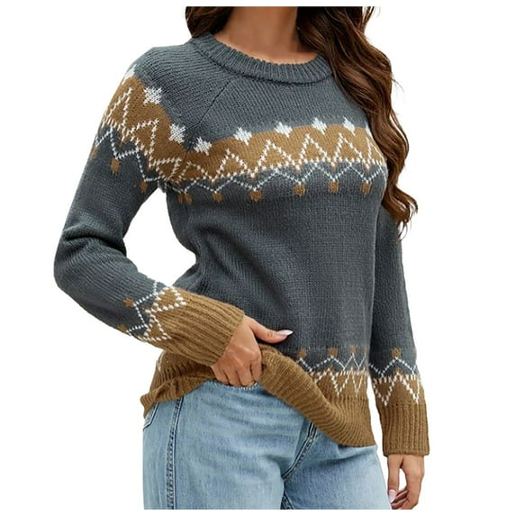 Sweater for Women Vintage Color Block Knitted Long Sleeve Shirts Jacquard Loose Fit Fall Winter Clothes
