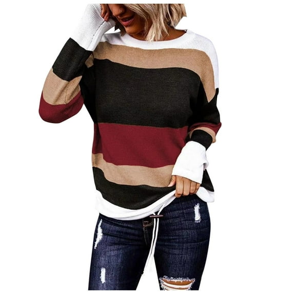 Sweater for Women Vintage Stripe Color Block Knitted Long Sleeve Shirts Casual Fall Knitwear