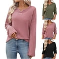 thumbnail image 1 of Sweater for Women Waffle Knit Notch V-Neck Pullover Top Long Sleeve Relaxed Fit Casual Fall Blouse, 1 of 6