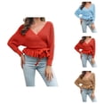 thumbnail image 1 of Sweater for Women, Wrap Sweaters for Women, V Neck Batwing Sleeve Pullover, Belted Waist Ruffle Knit, 1 of 9