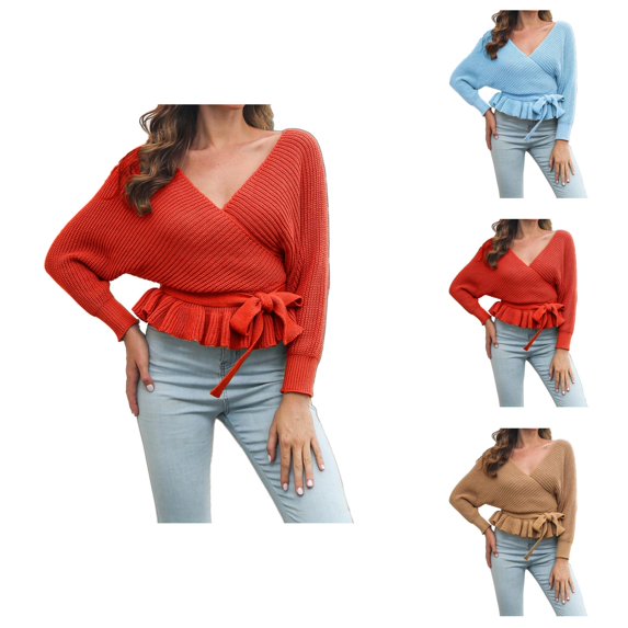 Sweater for Women, Wrap Sweaters for Women, V Neck Batwing Sleeve Pullover, Belted Waist Ruffle Knit