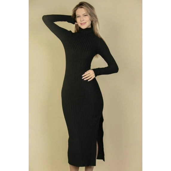 Sweater-knit Fuzzy Turtle Neck Split Thigh Dress
