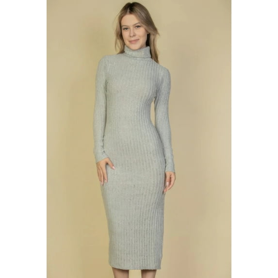 Sweater-knit Fuzzy Turtle Neck Split Thigh Dress