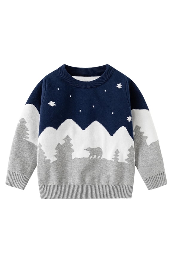 Sweaters, Boys Double Thread Bear Print Warm Base Sweater Top for Children(Navy,6-7 Years)