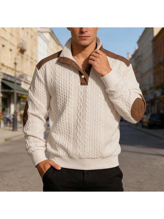 Sweaters For Men Knit Long Sleeved Top Contrast Splice Elbow Patches Ribbed Hem Cuffs Vintage Soft Pullover Khaki L