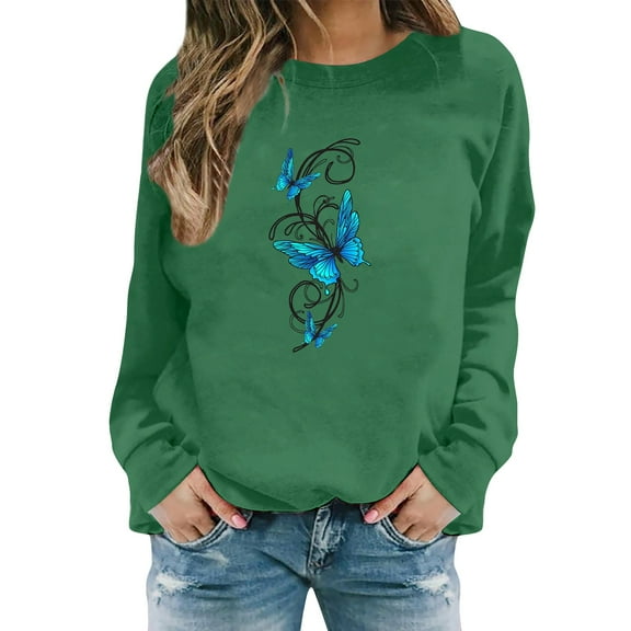 Sweaters For Women Butterfly Print Casual Fashion Long Sleeve Crew Neck Pullover Sweatshirt Top L Womens Sweaters