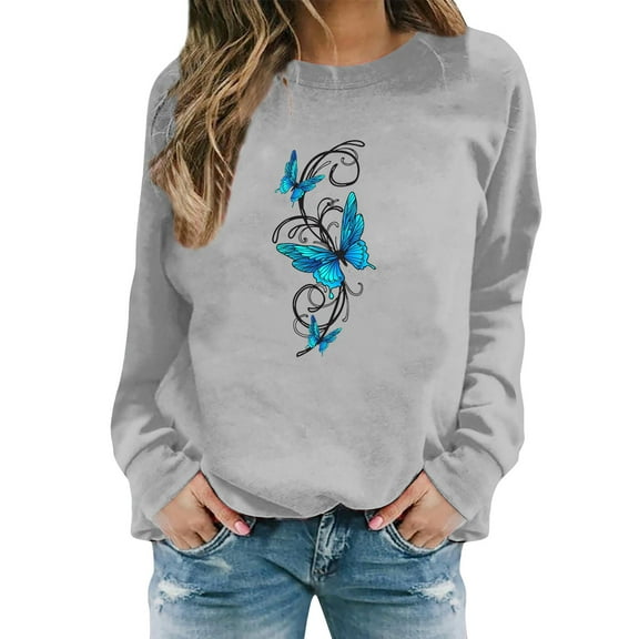 Sweaters For Women Butterfly Print Casual Fashion Long Sleeve Crew Neck Pullover Sweatshirt Top L Womens Sweaters