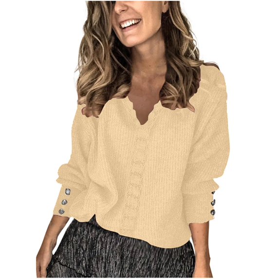 Sweaters For Women Casual Long Sleeve Solid Color Button Beige V Neck Winter Sweaters Blouse 3XL-5XL