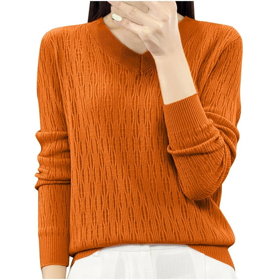Sweaters For Women Casual Loose Base Knitted Solid Color Round Neck Winter Orange Sweaters Blouse (XL)