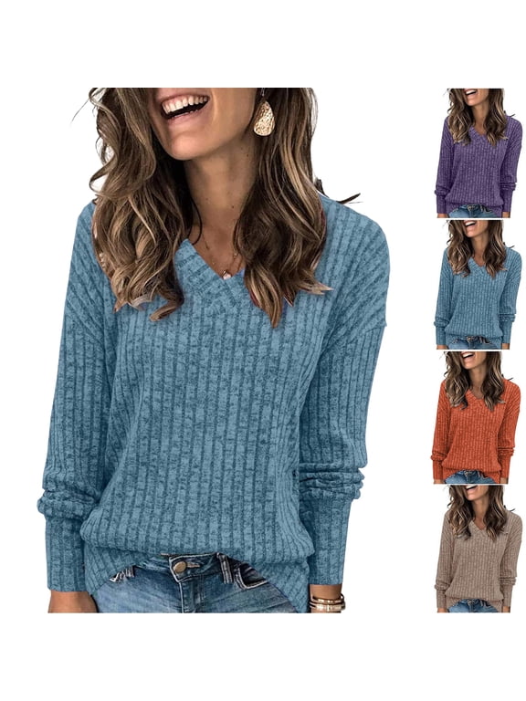 Sweaters For Women Casual Solid Color Long-sleeved Knitted Loose Blue V Neck Winter Sweaters Blouse S-2XL