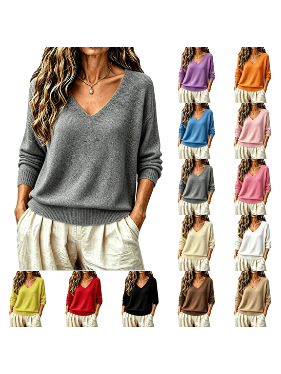 Sweaters For Women Fall Long Sleeve V Neck Tops Casual Lightweight Knit Pullover Merino Wool Sweater Winter Clothes