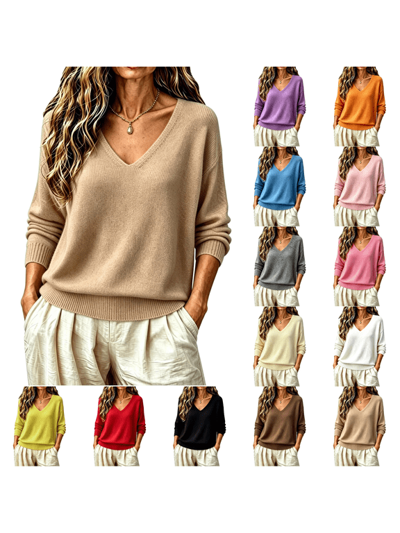 Sweaters For Women Fall Long Sleeve V Neck Tops Casual Lightweight Knit Pullover Merino Wool Sweater Winter Clothes