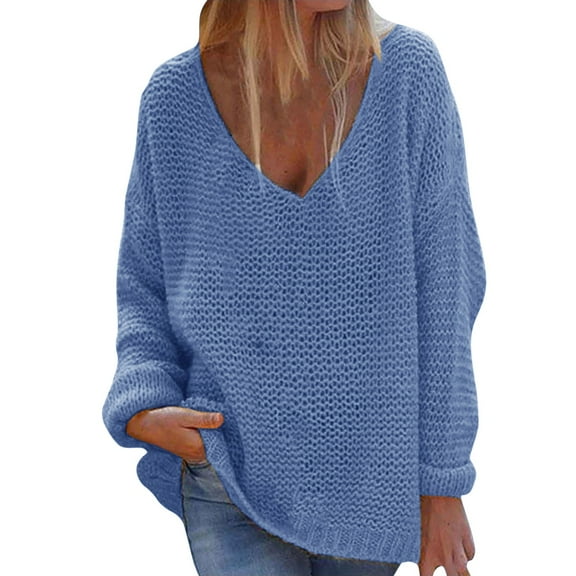 Sweaters For Women Fashion V Neck Loose Pullover Solid Color Long Sleeves Sweater Tops Acrylic Blue Size S-3Xl Oversized Sweaters For Women