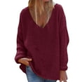 thumbnail image 1 of Sweaters For Women Fashion V Neck Loose Pullover Solid Color Long Sleeves Sweater Tops Acrylic Red Size S-3Xl Oversized Sweaters For Women, 1 of 6