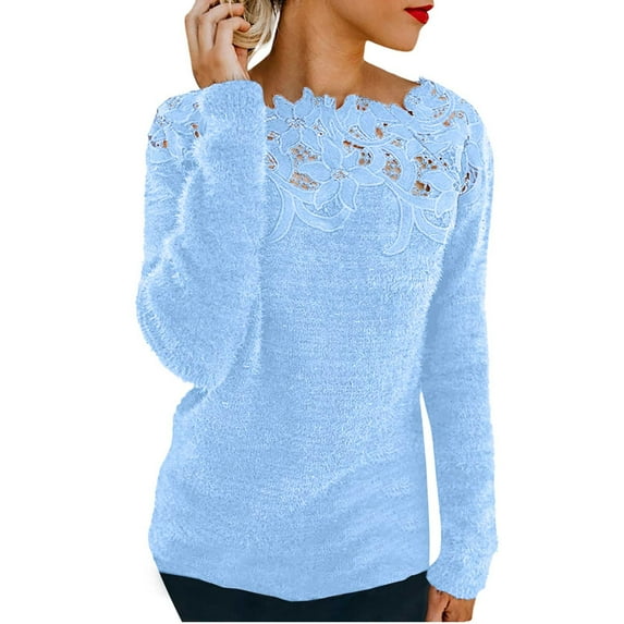 Sweaters For Women Floral Lace Patchwork Crewneck Knit Pullover Sweater Long Sleeve Casual Solid Color Top 5Xl Womens Sweaters