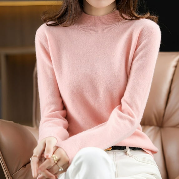 Sweaters For Women High Collar Knitted Sweater Autumn And Winter Short Pullover Solid Color Loose Thickened Bottom Shirt Fall Clothes ,Pink