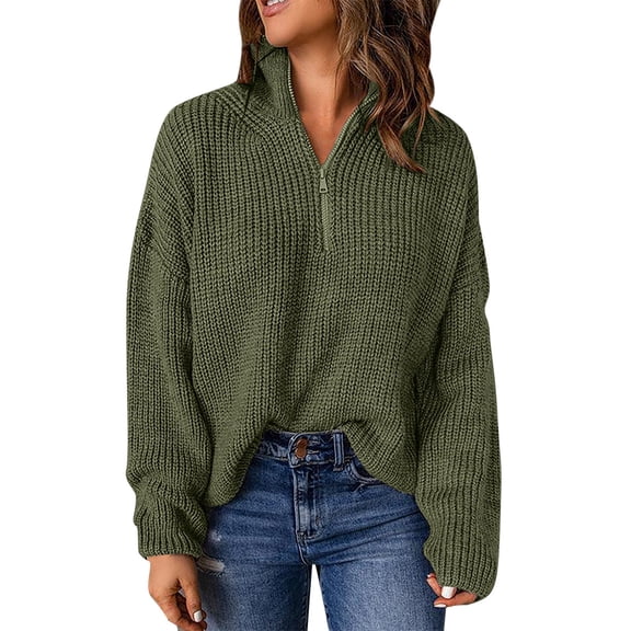 Sweaters For Women Knit Long Sleeve 1/4 Zip Pullover Turtleneck Casual Classic Solid Color Sweater M Womens Sweaters