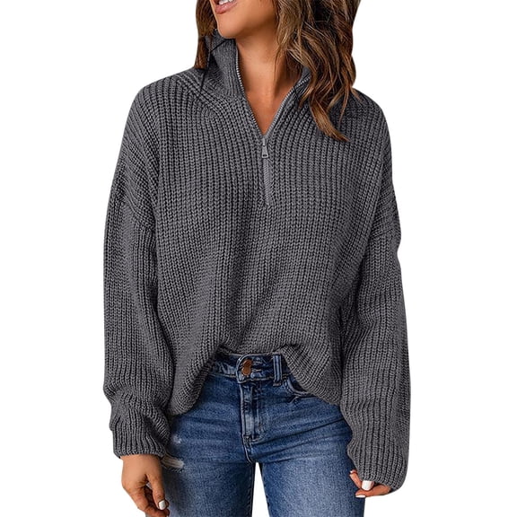 Sweaters For Women Knit Long Sleeve 1/4 Zip Pullover Turtleneck Casual Classic Solid Color Sweater Xl Womens Sweaters