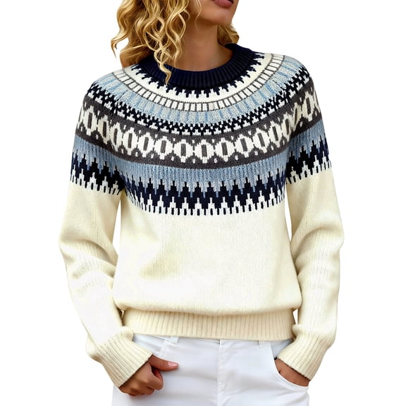 Sweaters For Women Knitted Isle Print Retro Pullover Sweater Casual Loose Crewneck Long Sleeve Lightweight Contrast Trim Tops 5Xl Womens Sweaters
