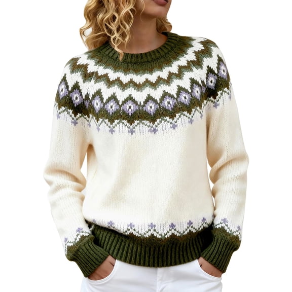 Sweaters For Women Knitted Isle Print Retro Pullover Sweater Casual Loose Crewneck Long Sleeve Lightweight Contrast Trim Tops M Womens Sweaters