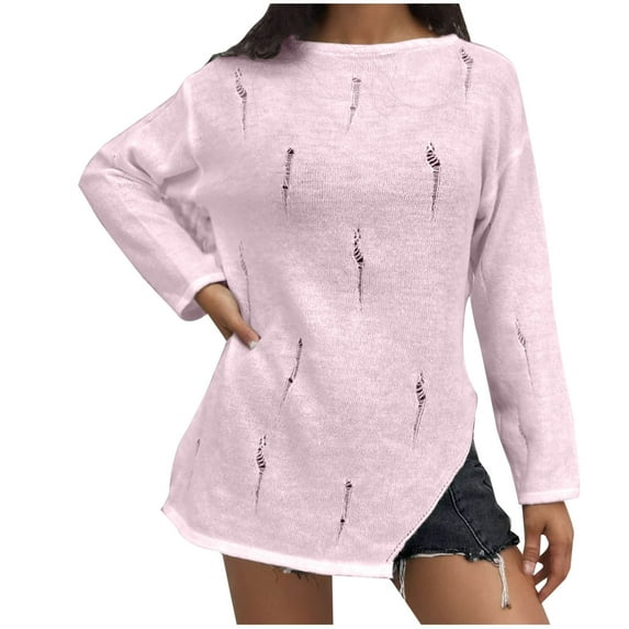 Sweaters For Women Lightweight Sevevn Women's Beach Cover Up Long Sleeve Sweater Crew Neck Split Hem Crochet Jumper Top