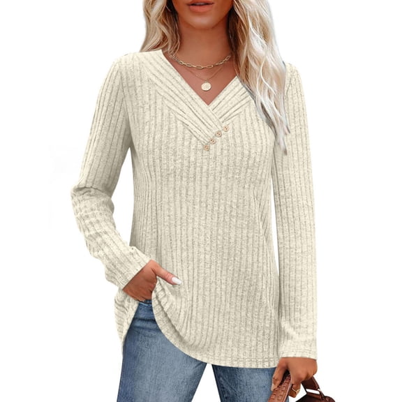 Sweaters For Women Long Sleeve Shirts V Neck Tops With Buttons Fall Fashion Outfits Winter Clothing