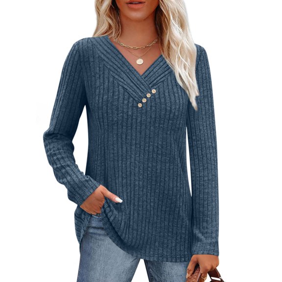 Sweaters For Women Long Sleeve Shirts V Neck Tops With Buttons Fall Fashion Outfits Winter Clothing