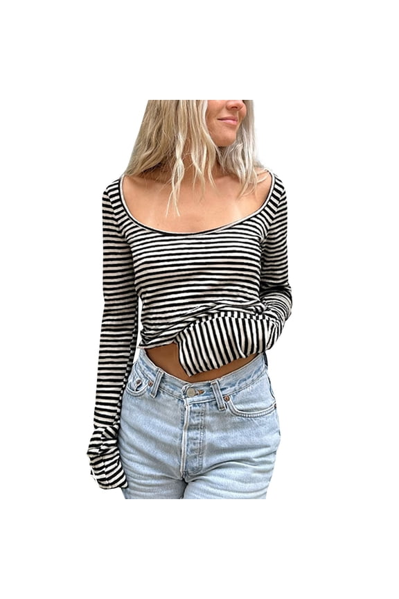 Sweaters For Women Long Sleeve Striped T Shirt Slim Fit Crew Neck Crop Top Fall Pullover Nylon Spandex Black Size S-Xl Oversized Sweaters For Women