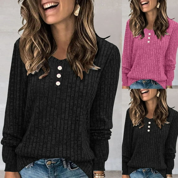 Sweaters For Women Long Sleeve V Neck Ribbed Pullover Fall Winter Button Solid Color Elegant Top 2025 Outdoor Daily Women Sweaters Black L
