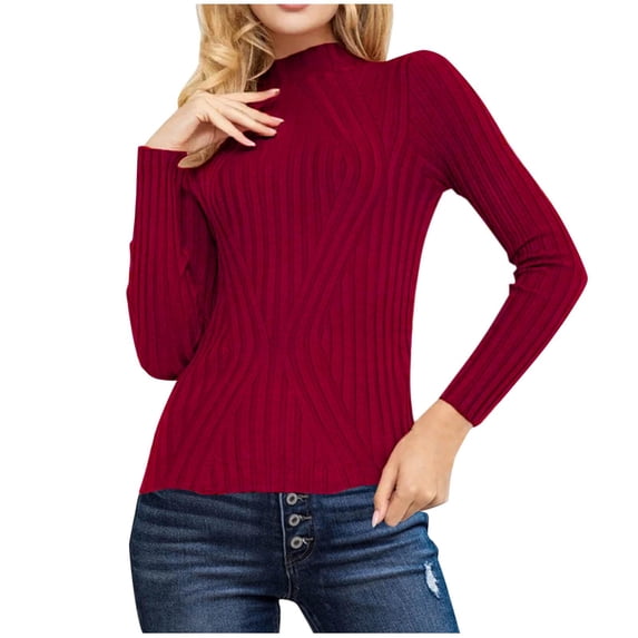Sweaters For Women Long Sleeves Solid Color Casual Base Knitted Crew Neck Winter Wine Sweaters Blouse (XL)
