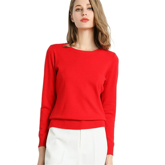 Sweaters For Women New Round Neck Long Sleeve Loose Pullover Solid Knit Bottom Shirt Nylon Red Size S-2Xl Oversized Sweaters For Women