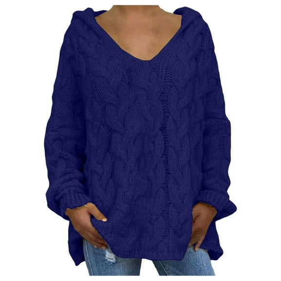 Sweaters For Women Oversized Chunky Cable Knit V Neck Hooded Pullover Sweater Long Sleeve Loose Solid Color 2Xl Womens Sweaters