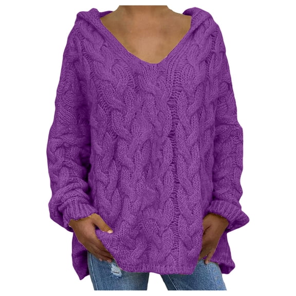 Sweaters For Women Oversized Chunky Cable Knit V Neck Hooded Pullover Sweater Long Sleeve Loose Solid Color L Womens Sweaters