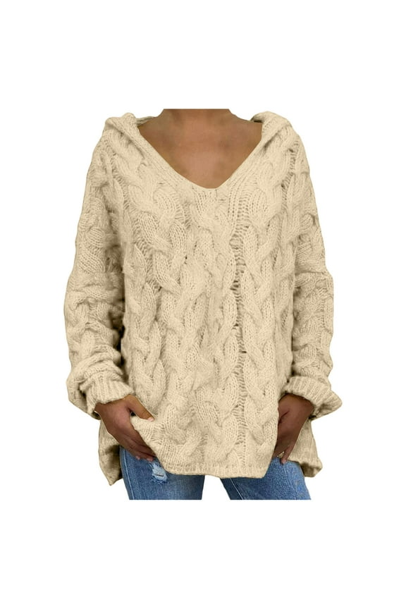 Sweaters For Women Oversized Chunky Cable Knit V Neck Hooded Pullover Sweater Long Sleeve Loose Solid Color L Womens Sweaters