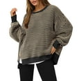 thumbnail image 1 of Sweaters For Women Oversized Knit Striped Long Sleeve Crewneck Casual Loose Pullover Tops Khaki L Womens Sweaters, 1 of 6