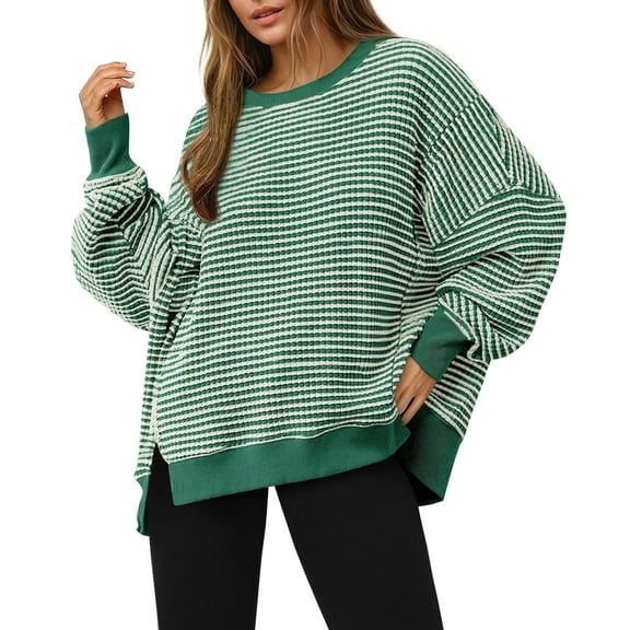 Sweaters For Women Oversized Knit Striped Long Sleeve Crewneck Casual Loose Pullover Tops Khaki M Womens Sweaters