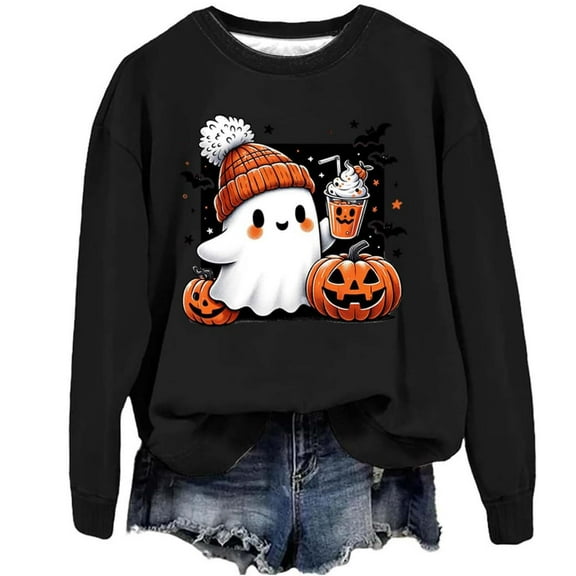 Sweaters For Women Pumpkin Fashionable Casual Hoodless Sweatshirt - Little Terry, Black Size S-2XL