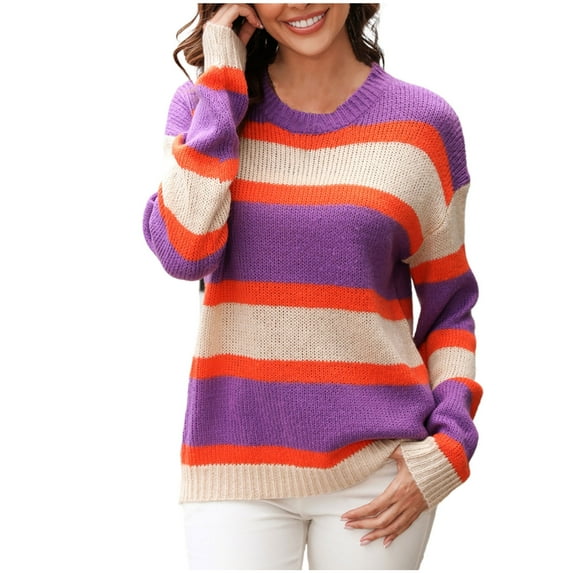 Sweaters For Women Sevevn Women's Striped Color Block Knitted Round Neck Sweater Long Sleeve Pullover Top