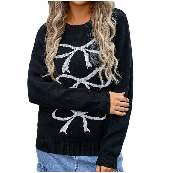 Sweaters For Women Sevevn Womens Knitted Pullover Bow Sweater Long Sleeve Crewneck Casual Bow Top