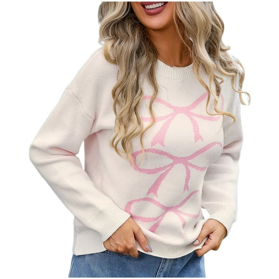Sweaters For Women Sevevn Womens Knitted Pullover Bow Sweater Long Sleeve Crewneck Casual Bow Top