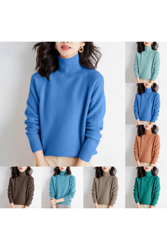 Sweaters For Women Solid Color Crew Neck Shoulder Thick Loose Blue Winter Sweaters Blouse Turtleneck S-2XL