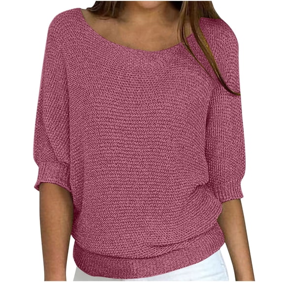 Sweaters For Women Solid Color Half Sleeve Loose Casual Round Neck Winter Sweaters Blouse (3XL)