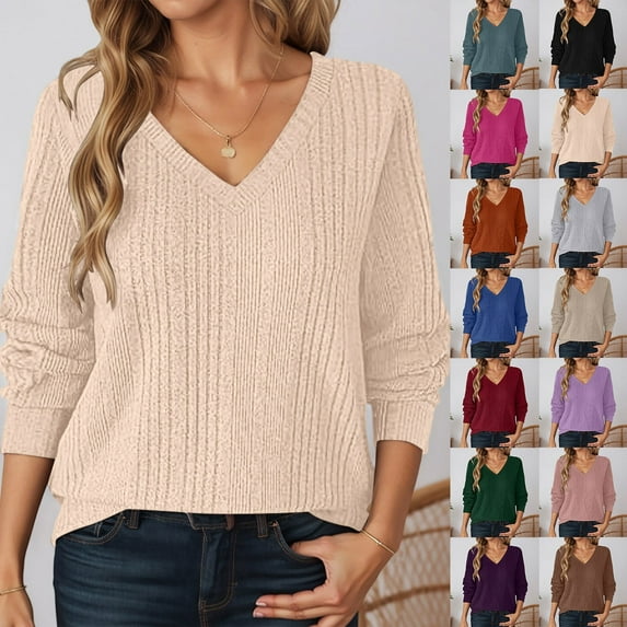 Sweaters For Women Solid Color Long Sleeve Knitted Pullover V Neck Tops Soft Comfortable Casual Everyday Wear Versatile Women Sweaters Beige S