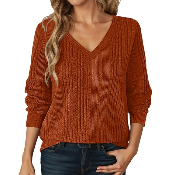 Sweaters For Women Solid Color Long Sleeve Knitted Pullover V Neck Tops Soft Comfortable Casual Everyday Wear Versatile Womens Sweaters Brown M