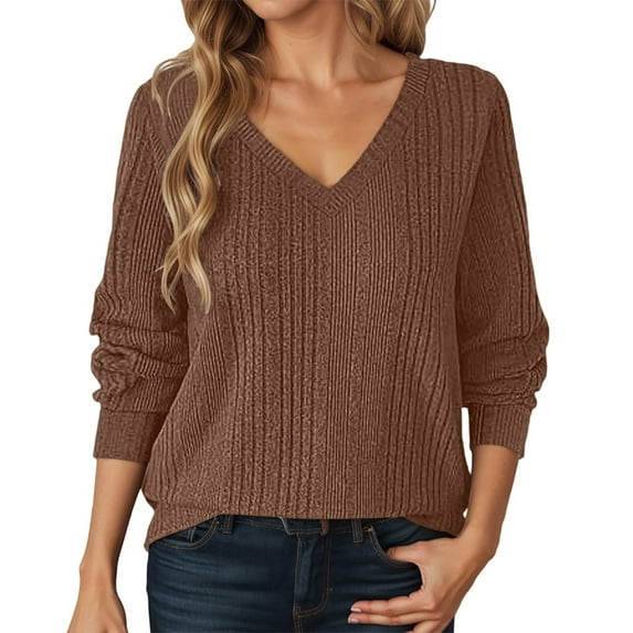 Sweaters For Women Solid Color Long Sleeve Knitted Pullover V Neck Tops Soft Comfortable Casual Everyday Wear Versatile Womens Sweaters Coffee XL