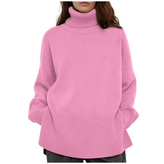 Sweaters For Women Solid Color Round Neck Split Fork Knit Loose High Collar Long Sleeves Turtleneck Winter Sweaters Blouse (M)