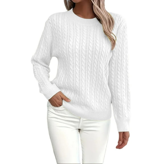 Sweaters For Women Solid Round Neck Casual Knit Pullover Sweater Long Sleeve Soft Cotton Cable Texture For Fall L Womens Sweaters