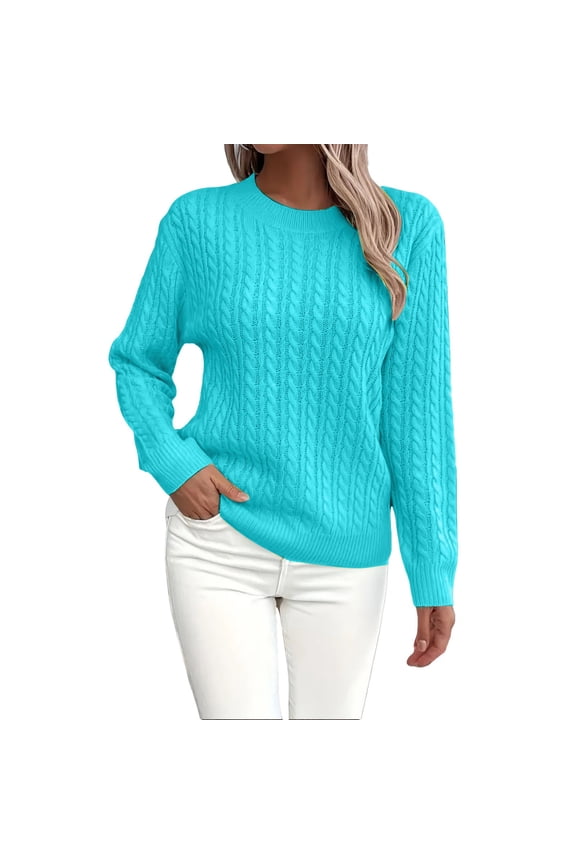 Sweaters For Women Solid Round Neck Casual Knit Pullover Sweater Long Sleeve Soft Cotton Cable Texture For Fall L Womens Sweaters